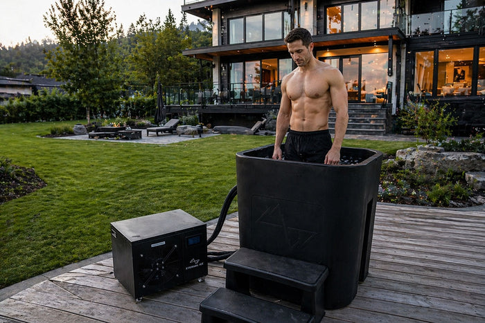 Athletic man stepping into an Eternal Ice HD Ultimate cold plunge tub with the Power Chiller connected on a backyard deck at dusk