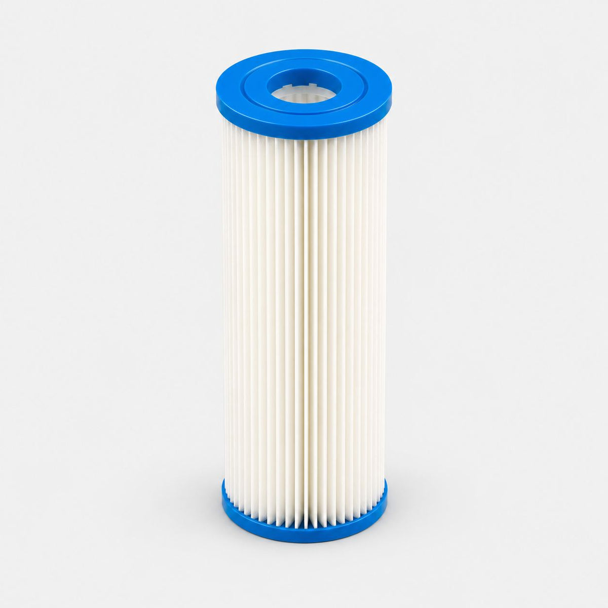 White pleated replacement water filter cartridge with blue end caps for Eternal Ice Bath cold plunge chiller, on a neutral light gray background.
