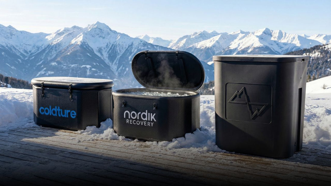 Best Ice Baths Canada comparison featuring Nordik Recovery, Eternal Ice, and Coldture cold plunge tubs set up outdoors in a snowy mountain environment