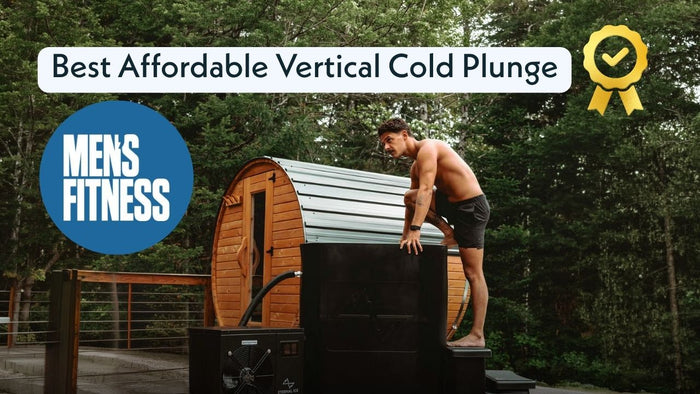 Eternal Ice Bath cold plunge named Best Affordable Vertical Cold Plunge by Men's Fitness, shown outdoors with the Power Chiller as a man steps into the tub