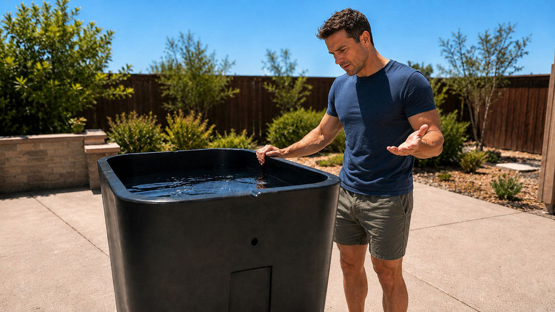 Man testing the water in a Eternal Ice cold plunge tub outdoors under full sun, looking frustrated that it is not cold