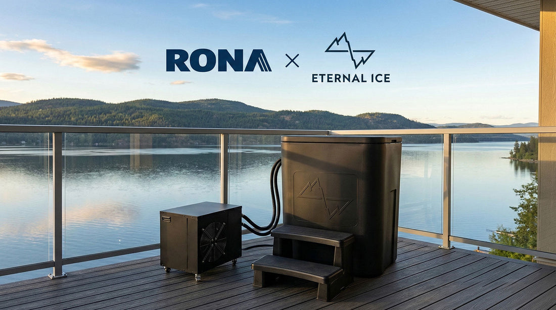 Eternal Ice Bath HD Ultimate Bundle at RONA displayed on an outdoor patio, featuring the black upright cold plunge tub, matching chiller unit, and entry steps.