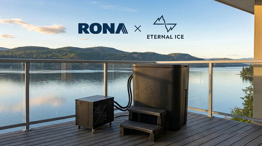 Eternal Ice Bath HD Ultimate Bundle at RONA displayed on an outdoor patio, featuring the black upright cold plunge tub, matching chiller unit, and entry steps.