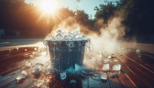 Ice cubes melting inside a barrel, with the bright sun shining overhead. The ice is visibly shrinking, with droplets of water forming around it and trickling down the sides of the barrel.