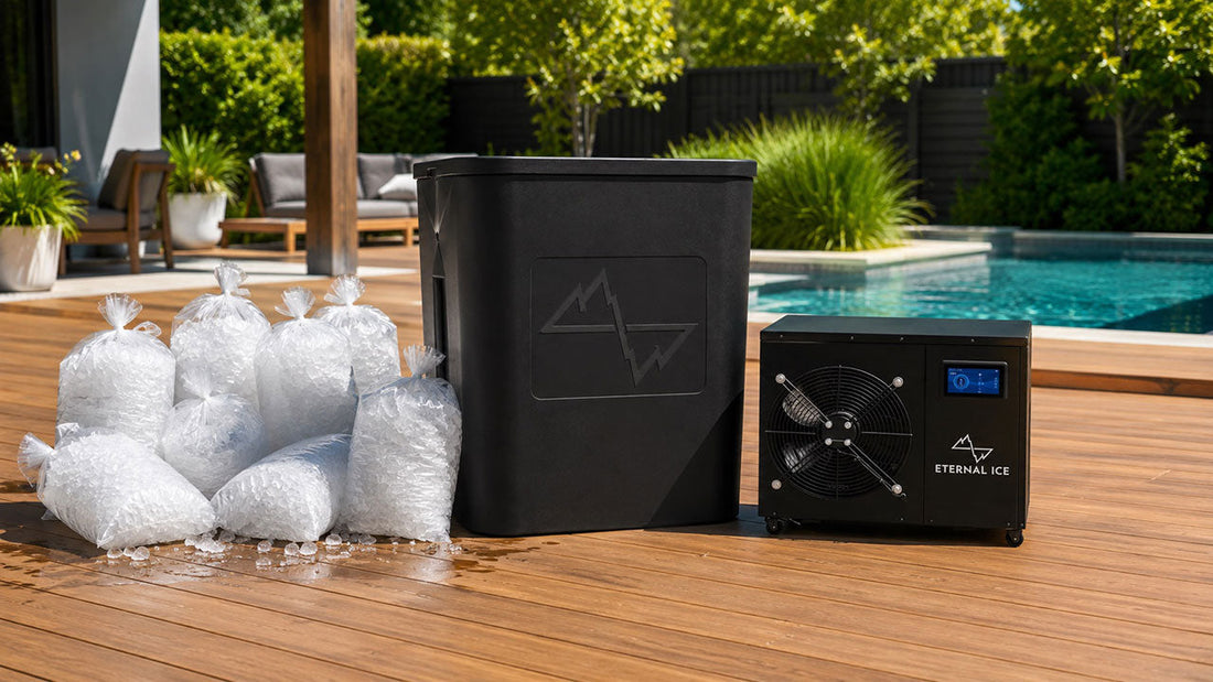 Ice bags next to Eternal Ice Bath HD Ultimate cold plunge and Power Chiller on a poolside deck