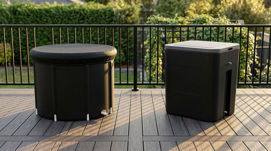 Side-by-side comparison of an inflatable or hard cold plunge for daily use on a backyard deck, showing a round soft-sided tub next to a rigid vertical model