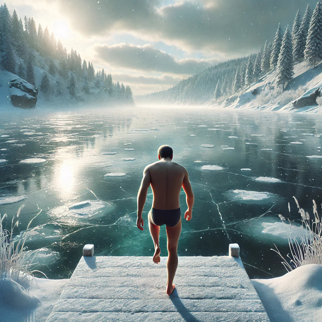 Man going for a cold plunge in a lake to replace an ice bath