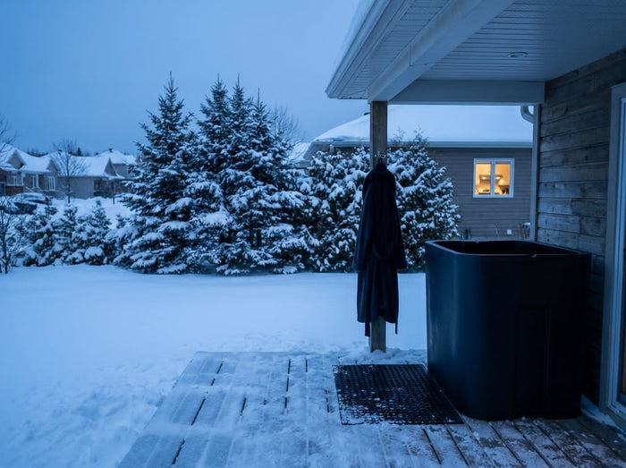 Eternal Ice insulated cold plunge outside in winter in Québec, snow on the ground