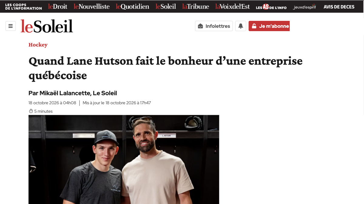 Le Soleil article headline (in French): Quand Lane Hutson fait le bonheur d'une entreprise québécoise, by Mikaël Lalancette, October 18, 2026, with Lane Hutson and Eternal Ice Bath co-founder Pierre-Luc Corriveau