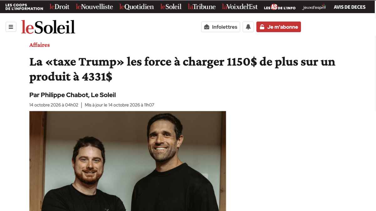 Le Soleil article headline (in French): La taxe Trump les force à charger 1150 $ de plus sur un produit à 4331 $, by Philippe Chabot, October 14, 2026, with Eternal Ice Bath co-founders Guillaume Couture and Pierre-Luc Corriveau