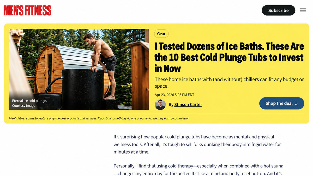 Men's Fitness article headline: I Tested Dozens of Ice Baths, These Are the 10 Best Cold Plunge Tubs to Invest in Now, by Stinson Carter, April 23, 2026, with the Eternal Ice cold plunge as cover photo