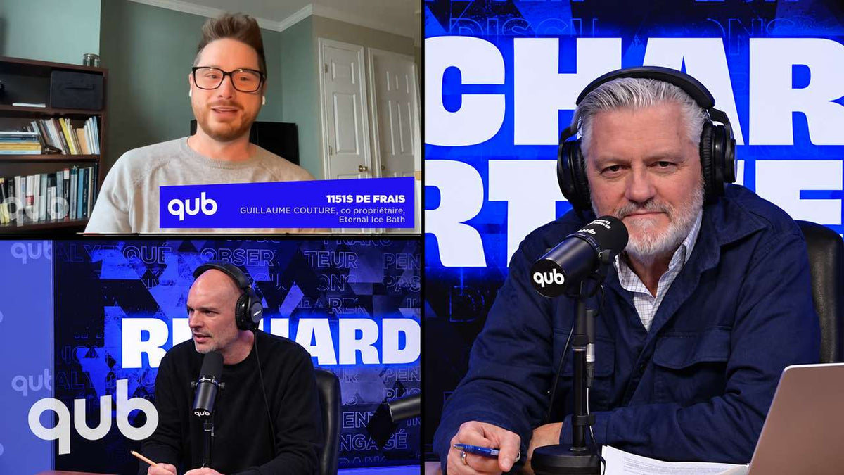 Guillaume Couture, co-founder of Eternal Ice Bath, on QUB radio with the on-screen banner 1151 $ de frais, interviewed by Richard Martineau in studio about the Trump tariff, October 14, 2026