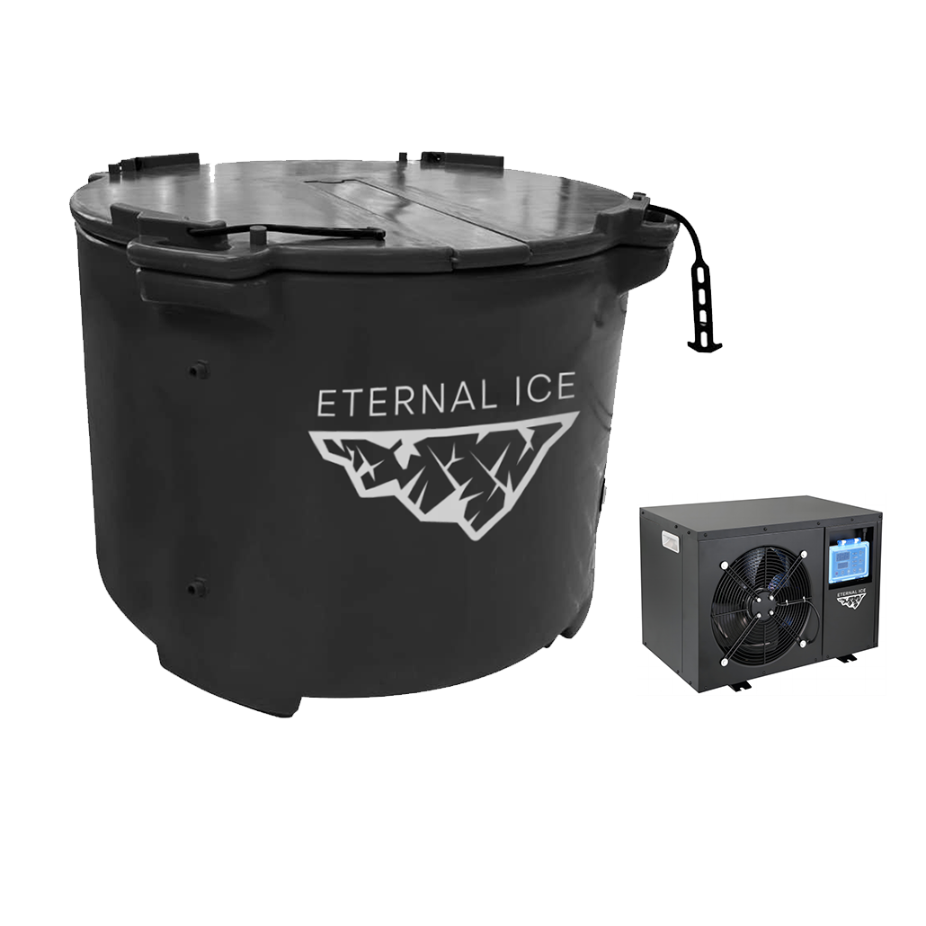 An image showcasing the Eternal Ice HD Pro Ice Bath and its companion, the Eternal Ice Power Chiller, designed for professional-grade chilling experiences. The ice bath gleams with a polished finish, while the chiller hums with power, promising an enduring supply of icy refreshment.