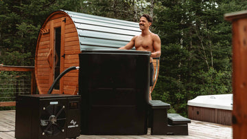 A man looking satisfied with his Canadian cold plunge, the Eternal Ice HD Ultimate Bundle.