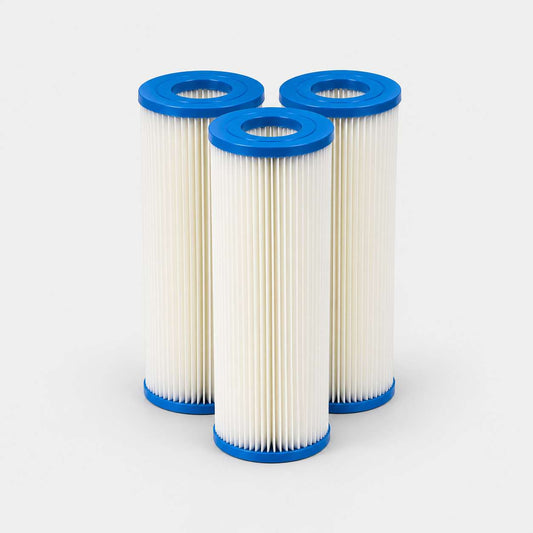 Pack of three white pleated replacement water filter cartridges with blue end caps for Eternal Ice Bath cold plunge chiller, arranged on a neutral light gray background.