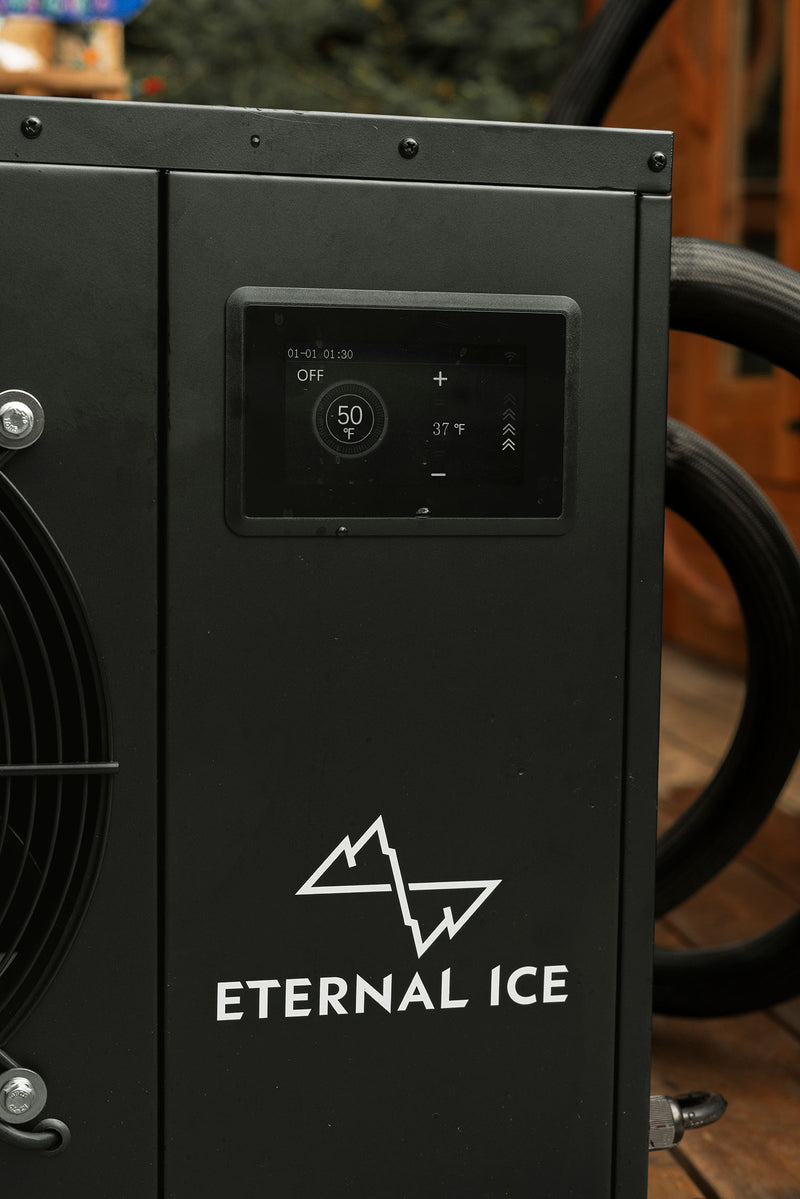 Eternal Ice Power chiller advanced control panel showing Wi-Fi connectivity and temperature adjustment for cold plunge water.