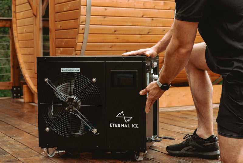 User transporting 1 HP Eternal Ice Power chiller – mobile cold plunge system for flexible installation