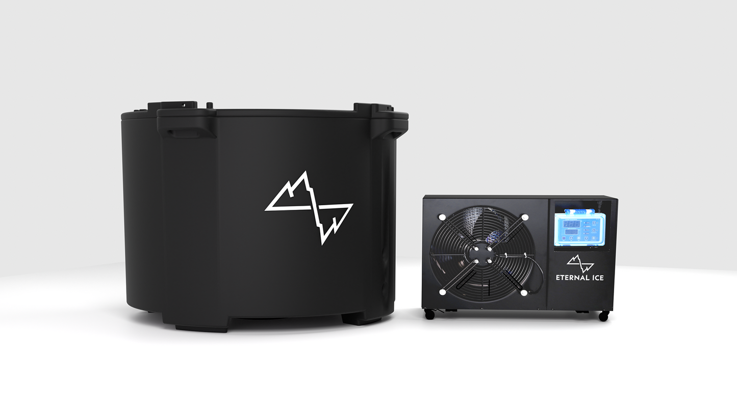 Pro Bundle by Eternal Ice featuring a durable insulated ice bath and a powerful chiller, designed for ultimate cold plunge therapy and recovery in any season.